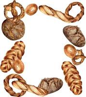 ram av mängd bröd vattenfärg isolerat på vit. hand dragen råg bröd, pretzel för bageri. målad challah, bagel. illustration av simit, baguette. element för design bageri, förpackning, meny vektor