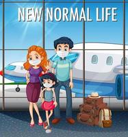 neues normales Leben mit glücklicher Familie, die bereit ist, am Flughafen zu reisen vektor
