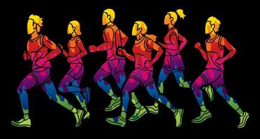 grupp av människor Start löpning löpare verkan män och kvinnor joggning tillsammans tecknad serie sport grafisk vektor