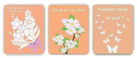 ein einstellen von minimal Plakate im ein modisch Farbe Palette mit Blumensträuße von Frühling Blumen. modisch Farbe von 2024. abstrakt Blumen- Muster. Pfirsich ist ein Neu Trend. Vektor Illustration.