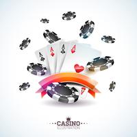 Vektor illustration på ett kasinotema med pokerkort och spela chips på vit bakgrund. Gambling design för inbjudan eller promo banner.