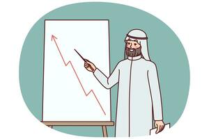 arabicum man göra presentation av blädderblock. arab affärsman närvarande projekt på whiteboard. internationell företag företag. vektor illustration.