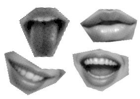 einstellen Clip Kunst Mund und Lippen, lächeln, Zunge, Punkte Punk y2k schwarz und Weiß Collage Elemente vektor