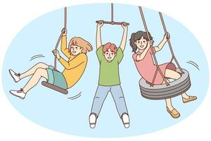 glücklich klein Kinder haben Spaß spielen außen. lächelnd wenig Kinder genießen draussen Aktivitäten während Sommer- Urlaub. Vektor Illustration.