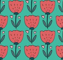 süßes nahtloses Muster mit handgezeichneter Tulpenblume, Herzgekritzel. süßer kindlicher heller Frühlingshintergrund, Textil, Tapete vektor