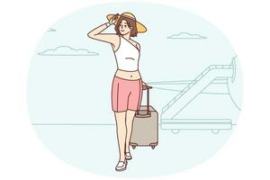 glücklich Frau mit Koffer im Flughafen bereit zum Sommer- Urlaub. lächelnd Mädchen im Hut mit Gepäck aufgeregt Über Sommer Feiertage. Vektor Illustration.