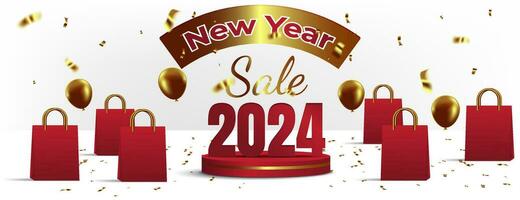 Neu Jahr Verkauf Banner im rot und Gold mit 3d Podium, Einkaufen Tasche, Konfetti und Luftballons vektor