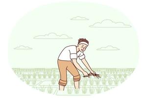ung man arbetssätt i fält i landsbygden. manlig jordbrukare upptagen i åkermark på skörda säsong. lantbruk och jordbruk. vektor illustration.