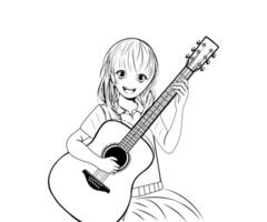 süß Anime Mädchen spielen Gitarre und Singen, schwarz und Weiß Gliederung Schlaganfall, Färbung Seite Stil vektor