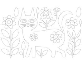 schwarz Gliederung Katze mit Blume auf Weiß Hintergrund, Färbung Seite Stil vektor