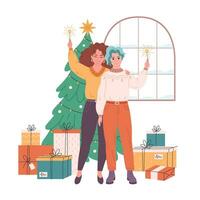 Lesben Paar Stehen in der Nähe von Weihnachten Baum mit die Geschenke und feiern Weihnachten oder Neu Jahr. Vektor Illustration im eben Stil