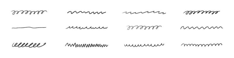 wellig Linie mit fließend Kurven. wirbelt, Zickzack, und Gekritzel Elemente. eben Vektor Illustration isoliert auf Weiß Hintergrund.