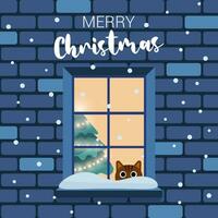 jul fönster i tegel vägg. levande rum med jul träd och dekorationer. de katt utseende ut de fönster på de snö. glad jul Semester vektor