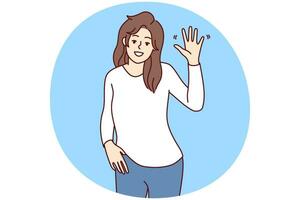 porträtt av leende ung kvinna Vinka med hand känsla lycklig och optimistisk. Lycklig kvinna göra hand gest hälsning eller välkomnande. vektor illustration.