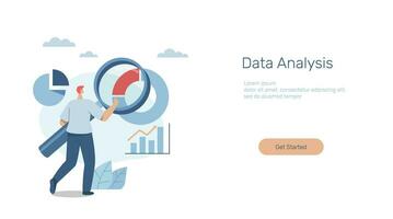 Daten Analyse, finanziell Investition Diagramme und Grafiken, groß Daten und Error Erkennung, Werbung Medien, Banner, Apps, Netz Vorlagen, Geschäftsmann mit ein Vergrößerung Glas Analysen Kuchen Diagramm Daten. vektor