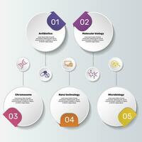 infographics med bioteknik tema ikoner, 10 steg. sådan som antibiotika, molekyl biologi, kromosom, nano teknologi och Mer. vektor
