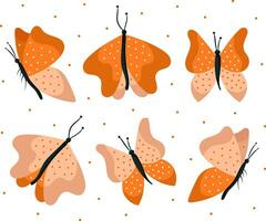 uppsättning av hand dra fjärilar på vit bakgrund i orange färger med polka dots.vector. vektor