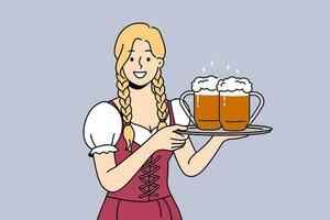 Frau Bedienung mit Bier auf Tablett lächelt, einladend zu Besuch bayerisch Festival zu Versuchen alkoholisch Getränke vektor