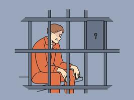 Mann kriminell sitzt im Gefängnis Zelle und ist traurig weil unfair Gericht Entscheidung oder Mangel richtig zu Amnestie vektor