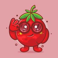 rolig tomat frukt karaktär maskot med ok tecken hand gest isolerat tecknad serie i platt stil design. vektor