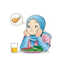 gesund Lebensmittel. süß wenig Mädchen im Hijab nicht mögen Gemüse. Vektor Illustration