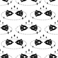 svartvit sömlös mönster med flygande måne fåglar i de Plats. mystiker skriva ut för tee, papper, textil- och tyg. klotter vektor illustration.