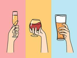 Hände Menschen mit Brille gefüllt mit alkoholisch Getränke Angebot zu trinken Bier oder Wein mit Champagner vektor