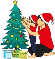 en mor och en liten flicka bär santa hattar dekorera jul träd vektor