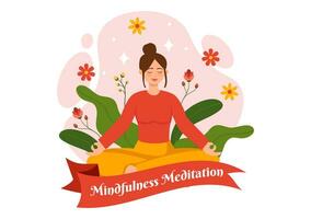 Achtsamkeit Meditation Vektor Illustration von Person mit geschlossen Augen und gekreuzt Beine und Entspannung im Yoga Lotus Haltung eben Hintergrund