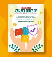 konsument rättigheter dag vertikal affisch platt tecknad serie hand dragen mallar bakgrund illustration vektor