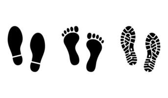 Sammlung von Fußabdrücke Schuhe Mensch Gehen und Schuh Sohle, einzig, alleinig Füße Schritte Personen. Schritte Symbol oder Zeichen zum drucken isoliert auf Weiß Hintergrund. Vektor Illustration