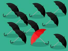 das rot Regenschirm ist platziert im ein schwarz Regenschirm Gruppe. das Konzept von Unterschied und unverwechselbar vektor