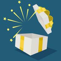öffnen ein Weiß Geschenk Box mit ein golden Schleife. Überraschung Geschenk Kasten. Geburtstag Party vektor