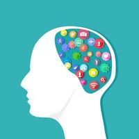 Kommunikation Symbole im das Mensch Kopf. das Gehirn Konzept voll von Information vektor