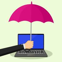 Hand mit Regenschirm schützen das Laptop mit Daten .Daten Schutz Konzept. Vektor Illustration