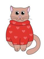 Karikatur Valentinstag Tag Katze Charakter. süß Kätzchen sitzen im Pullover. Vektor eben Illustration.