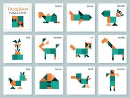 Tangram Puzzle zum Kinder. bunt geometrisch Sammlung mit isoliert Objekte. mongolisch Spiel. verschiedene Symbole auf Weiß Hintergrund. Vektor Illustrationen.