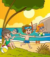 barn spelar på de strand tecknad serie vektor illustration. sommar semester begrepp.