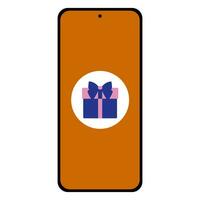 Geschenk Box auf Smartphone berühren Bildschirm. isoliert Vektor eben Illustration. Geschenkbox auf Handy, Mobiltelefon Telefon Bildschirm. Empfang Überraschung Box online. Digital Kauf oder E-Commerce Konzept. Promo speichern, Geschenk Karte.