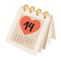 Februar 14 Valentinstag Tag Papier Kalender mit Herz Form. Kalender Seite Datum Februar 14 Vektor Illustration isoliert auf ein Weiß Hintergrund.