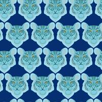 nahtlos Muster mit das Kopf von ein Blau Tiger auf ein Blau Hintergrund vektor
