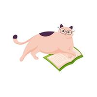 katt i glasögon liggande med öppen bok. illustration av katt läsning bok. mysigt begrepp. studie och koppla av på Hem. vektor
