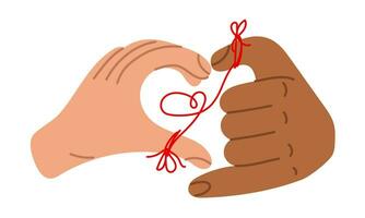 Hände mit ein Herz Zeichen, das Bezeichnung ich Liebe Du. Valentinstag Tag Bilder, Herz Formen mit anders Hände. ein Faden verbinden zwei Personen. ein Vielfalt von Hände. Hälften mit anders Hände vektor