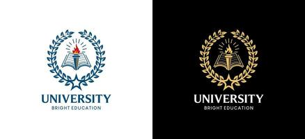 högre utbildning universitet emblem logotyp design använder sig av fackla, bok och irländare stjärna symboler vektor