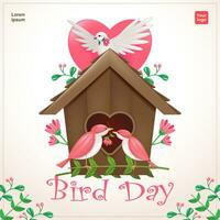 fågel dag. en romantisk par av fåglar, med trä- fågelholk element, blommor och hjärtan. 3d vektor, lämplig för evenemang vektor