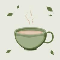 grön kopp av varm te på en grön bakgrund med te löv. te ceremoni. vektor