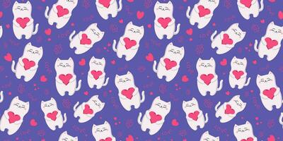 Karikatur Kätzchen, Muster. Pfote, Herz Drucke. süß inländisch Katze halten Herz. festlich Verpackung Design zum Valentinstag Tag. nahtlos Vektor Hintergrund, Hintergrund.