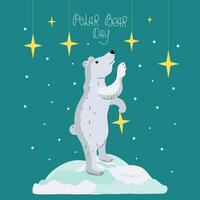 Polar- Bär mit Sterne. Inschrift. International Polar- Bär Tag. sternenklar Himmel. Nord Karikatur Tier. Arktis Klima. Eis, Frost, Schnee. vektor