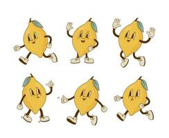 komisch retro Karikatur Zitrone Charakter. lächelnd Zitrusfrüchte Obst Maskottchen Vektor Illustration. Nostalgie 70er, 80er Jahre