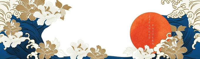 japanisch Hintergrund mit Mond und Sonne mit Aquarell Textur Vektor. Pfingstrose Blume und Chinesisch Hand gezeichnet Welle Element Dekorationen im Jahrgang Stil. Kunst abstrakt Banner Design. vektor
